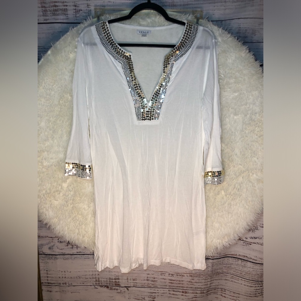 VENUS White Silver Embellished Tunic 3/4 Sleeve Medium NWOT - Picture 3 of 14